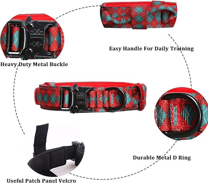 Christmas Tactical Dog Collar and Leash Set Adjustable Nylon Collar Dog Training Collar Leash Set with Control Handleand（Christmas Green S