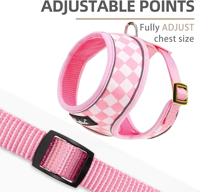 PUPTECK Soft Mesh Dog Harness and Leash Set Pet Puppy Cat Comfort Padded Vest No Pull Harnesses, Checkered Pink&White, M