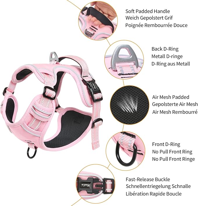 HEELE Dog Harness, No Pull Adjustable Padded Reflective Harness for Small Medium Large Dogs with Handle for Walking Training, Pink, XL