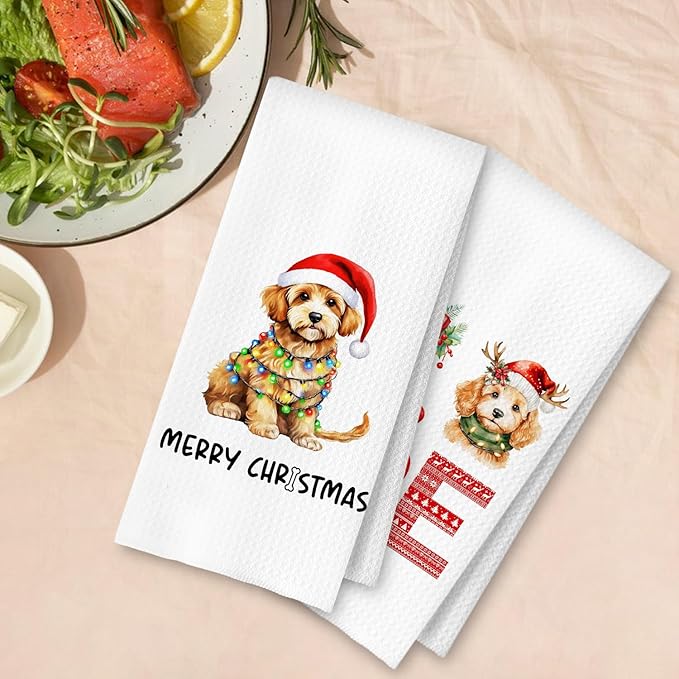 Christmas Cavapoo Kitchen Dish Towels 2 Pack - Cavapoo Dog Lover Gift, Waffle Weave Christmas Hand & Tea Towels for Kitchen Bathroom, 16x24 Inches