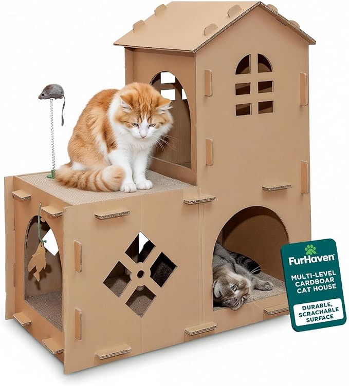 FurHaven Farmhouse Multi-Level Cardboard Cat House for Indoor Cats with Catnip & Toys, Double-Walled Corrugated Scratcher Designed for Lounging, Play & Comfort, One Size, Cardboard, Brown