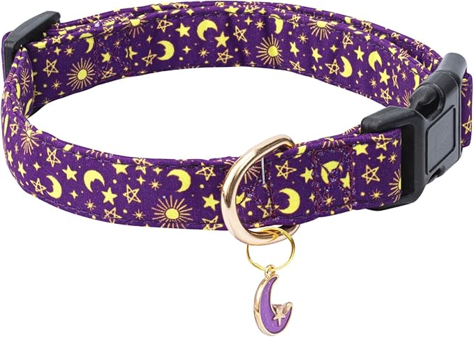 Cotton Dog Collar,Adjustable Cute Puppy Collar with Moon Patterned Design for Small Medium Large Dogs,Soft and Fancy Pet Collar with Safety Buckle for Girl Boy Dogs (Purple Moon, S)