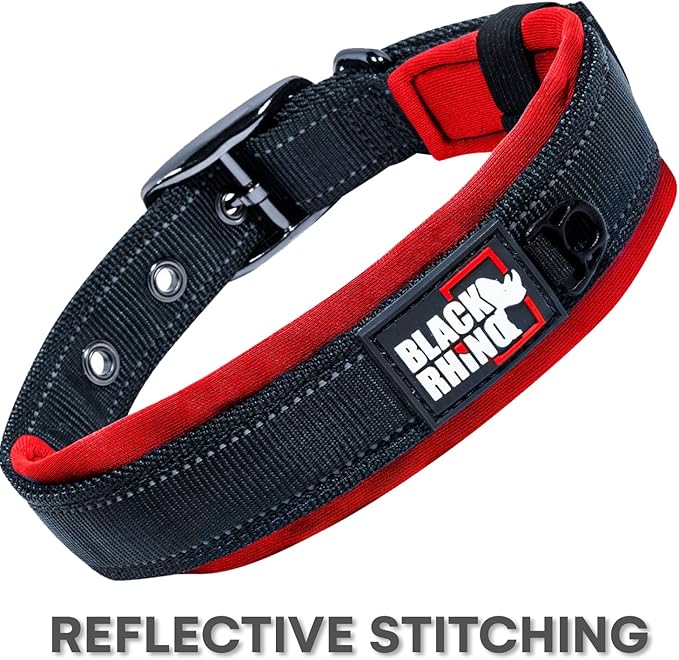 Black Rhino Large Dog Collar - Heavy Duty Adjustable Tactical Dog Collar with Reflective Stitching - 19"-23" Ultra-Soft Neoprene Padded and Weatherproof - Comfortable for Active Dogs - Red and Black
