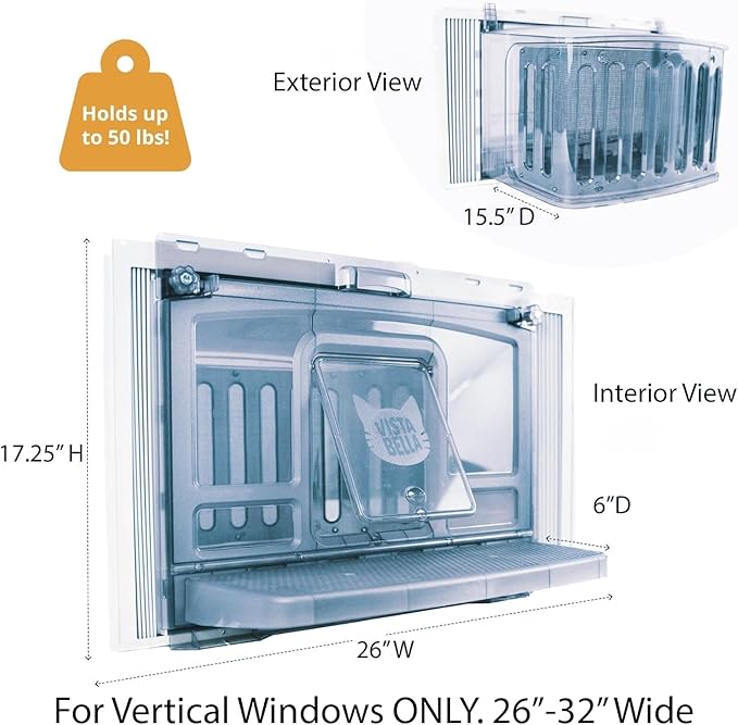 VistaBella Window Catio Perch & Litter Box – Fits 26-32" Vertical Windows, Luxury Indoor Cat Window Box, All-Weather Comfort, Natural Odor Removal, Portable Easy Clean, 2-Year Protection, Made in USA