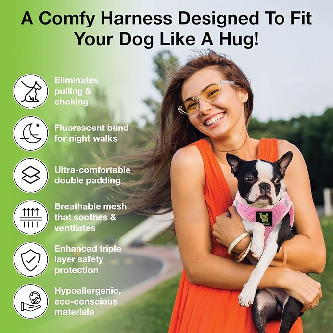 EcoBark Premium Quality Dog Harness - Teacup Dog Harnesses - Step in Halter Vest - Eco-Friendly Luxury Soft Mesh Halter - No Pull Mini Chest Body Collar - for Puppy & Toy Breeds (XXS, Baby Pink)