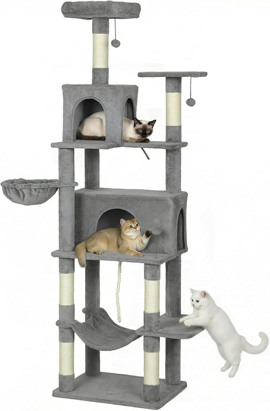 PawHut Cat Tree, 80" Large Cat Tower for Indoor Kittens with 2 Spacious Condos, Sisal Scratching Posts, 2 Hanging Balls, Comfy Hammock, Perches, Bed, Dark Gray