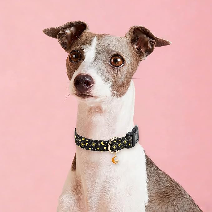 Cotton Dog Collar,Adjustable Cute Puppy Collar with Moon Patterned Design for Small Medium Large Dogs,Soft and Fancy Pet Collar with Safety Buckle for Girl Boy Dogs (Yellow Moon, S)