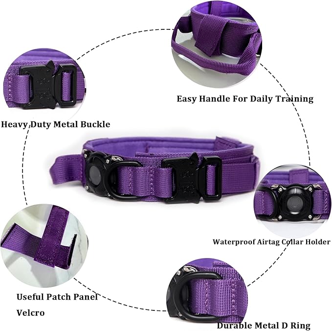 Xqpetlihai Tactical Dog Collar with Airtag Holder Waterproof Airtag Dog Collar with Control Handle and Metal Buckle(DeepPurple，L
