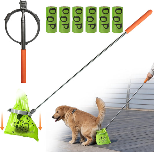 Dog Pooper Scooper with Bags, 47" Long Handle Dog Waste Picker Telescoping No-Bend Pet Pooper Scooper with Bag-Securing Tabs, Portable Dog Waste Picker for Yard, Walks & Travel