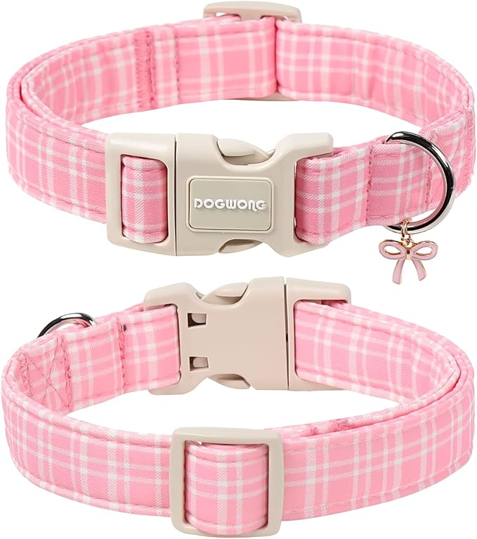 DOGWONG Pink Plaid Collar for Small Medium Large Dogs - Pink Dog Collar for Girl Female Dogs,L