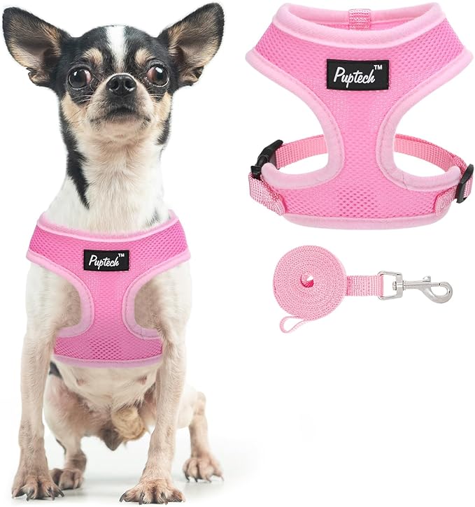 PUPTECK Soft Mesh Dog Harness and Leash Set Pet Puppy Cat Comfort Padded Vest No Pull Harnesses, Solid Pink, XS