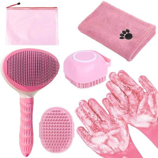Bath Grooming Kit for Pets - Hair Brush Set with Towel, Washing Gloves, and Shampoo Scrubber Brush for Dogs and Cats (Pink)