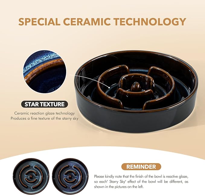 Ceramic 1.6 Cup Raised Slow Feeder Dog Bowl Set, Elevated 7.3inch Bowl and 8.2inch Dish with Acacia Wood Stand for Medium and Large Dog(2 x Starry Sky+ Stand)
