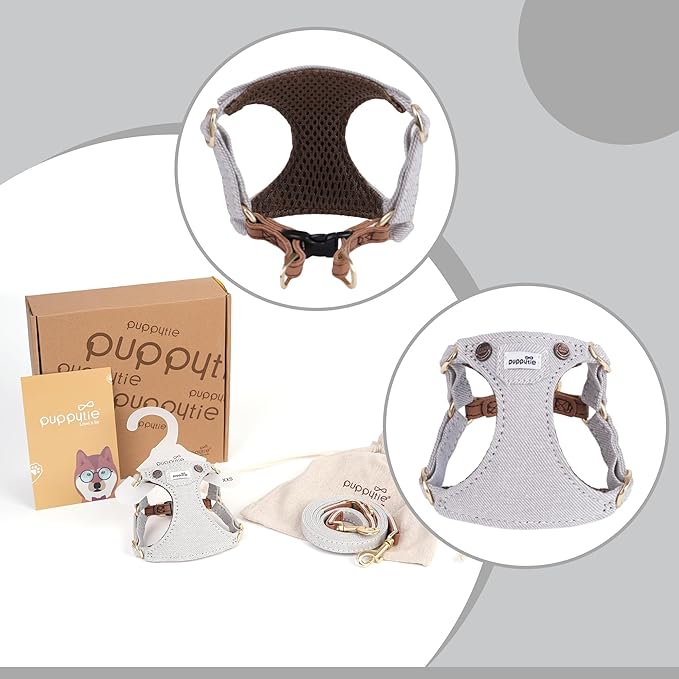 Puppytie No Pull Dog Harness with Multifunction Dog Leash,Soft Adjustable No Choke Escape Proof Pet Harness Vest for Medium Dogs,Denim Gray,M