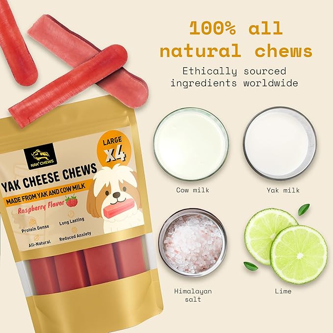 Chews Himalayan Yak Cheese Dog Chews Raspberry Flavor Large - Natural Long Lasting Dental Treat for Large Dogs - High Protein & Calcium - Gluten-Free Lactose-Free - 3-3.5 oz (4 Pack)