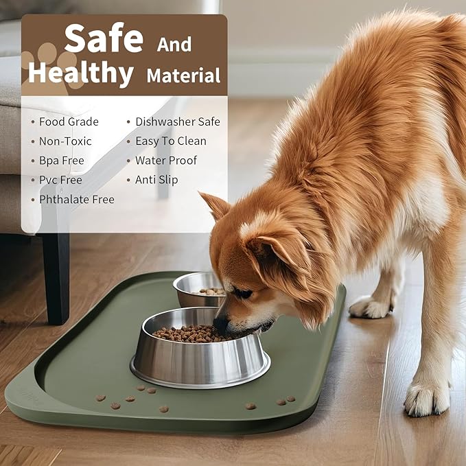 Silicone Pet Food Mat with Raised Edge for Food and Water Bowl, Dog Feeding Mats, Cat Food Trays for Floor Waterproof, Rubber Tray for Dogs and Cats, 17 x 12 x 0.7 Light Olive Green