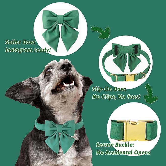 Maca Bates Jade Green Dog Collar with Cute Solid Sailor Bow Tie for Medium Girl Boy Dogs,Adjustbale Durable Breakaway Soft Collars with Bowtie for Female Male Puppy,Pet with Metal Buckle