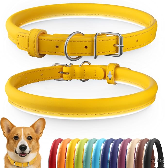 CollarDirect Rolled Leather Dog Collar, Soft Padded Round Puppy Collar, Handmade Genuine Leather Collar Dog Small Large Cat Collars 13 Colors (13-16 Inch, Yellow Smooth)