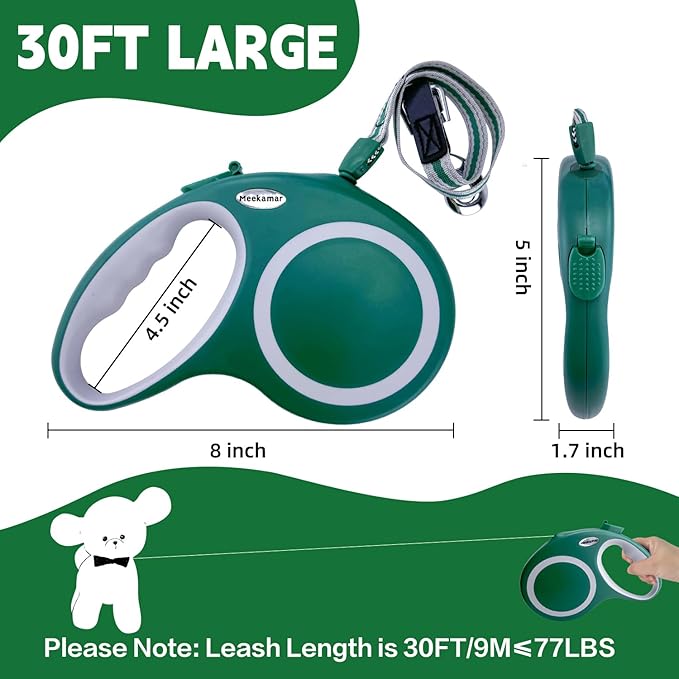 Retractable Dog Leash, Meekamar 30 FT Dog Walking Leash for Medium Large Dogs up to 77 lbs, Heavy Duty No Tangle, Large