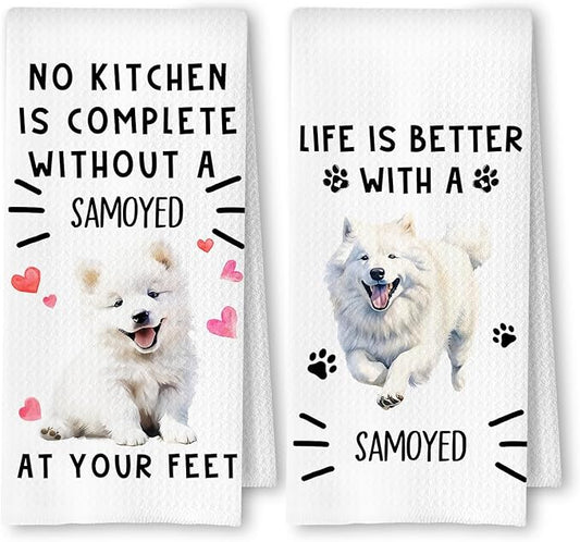 Samoyed Gifts Kitchen Towels, Samoyed Dog Dish Tea Towels for Kitchen Decor, Dog Lover Mom Dad Gifts Decorative Hand Towel, 16x24 Inches Set of 2