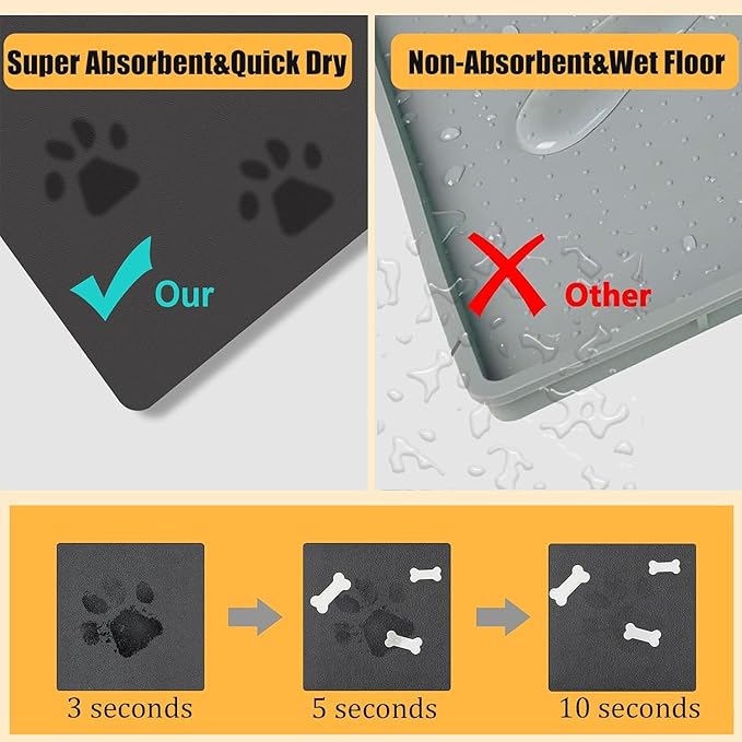 Pet Feeding Mat Dog Cat Food Mat for Floors Waterproof Food and Water Bowl Mats for Indoor Absorbent Non-Slip Dog Food Mat Quick Dry Pet Food Mats 12x20in Light Gray