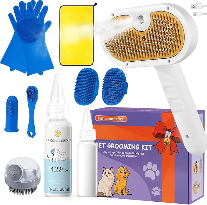 Pet Steam Brush Set for Dogs & Cats, Includes 3-in-1 Self Cleaning Spray Comb, Waterless Shampoo, Defur Tool, Bath Gloves, Bath Brush, Tooth & Ear Brush, Towel (11PCS)