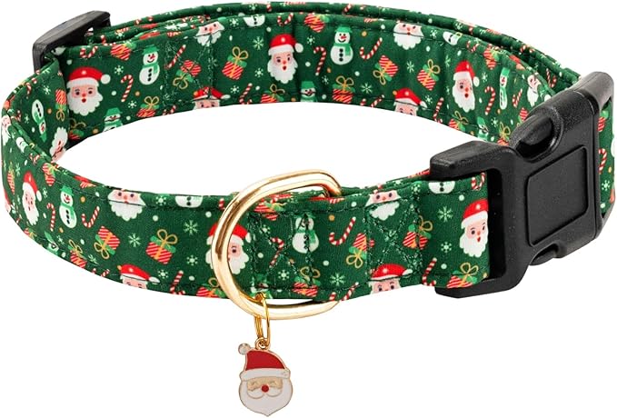 Christmas Dog Collar,Adjustable Cute Puppy Collar with Santa Claus Patterned Design for Small Medium Large Dogs,Soft Pet Collar with Safety Buckle for Girl Boy Dogs (Green Santa, Medium)