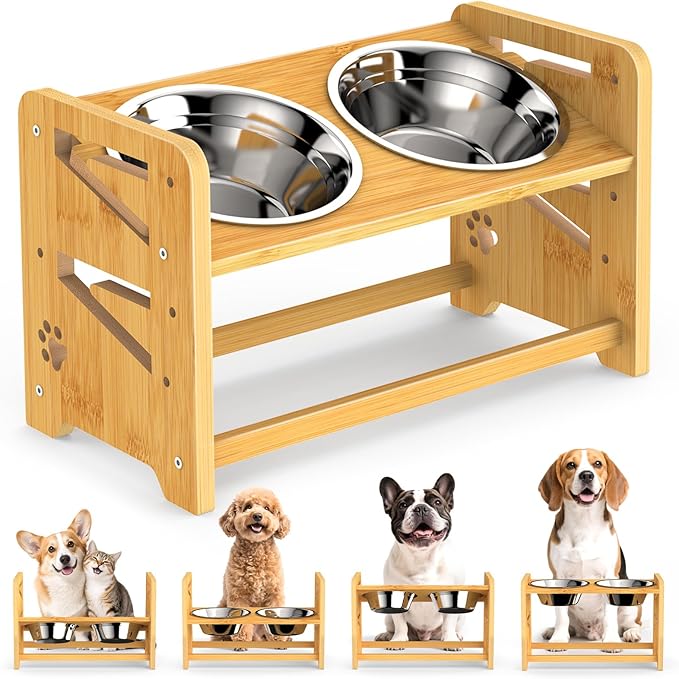 Elevated Dog Bowls, 4 Height Adjustable Raised Dog Bowl Stand with 2 Stainless Steel Bowls for Large, Medium and Small Dogs and Cats, 11" High Bamboo Pet Food Feeder