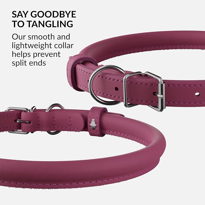 CollarDirect Rolled Leather Dog Collar, Soft Padded Round Puppy Collar, Handmade Genuine Leather Collar Dog Small Large Cat Collars 13 Colors (11-14 Inch, Pink Smooth)