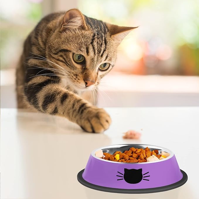 2 Pcs Non-Slip Stainless Steel Small Cat Food Bowls - Unbreakable, 7 Oz, Suitable for Indoor Small Pets - Removable Rubber Base, Easy to Clean, Lovely Color