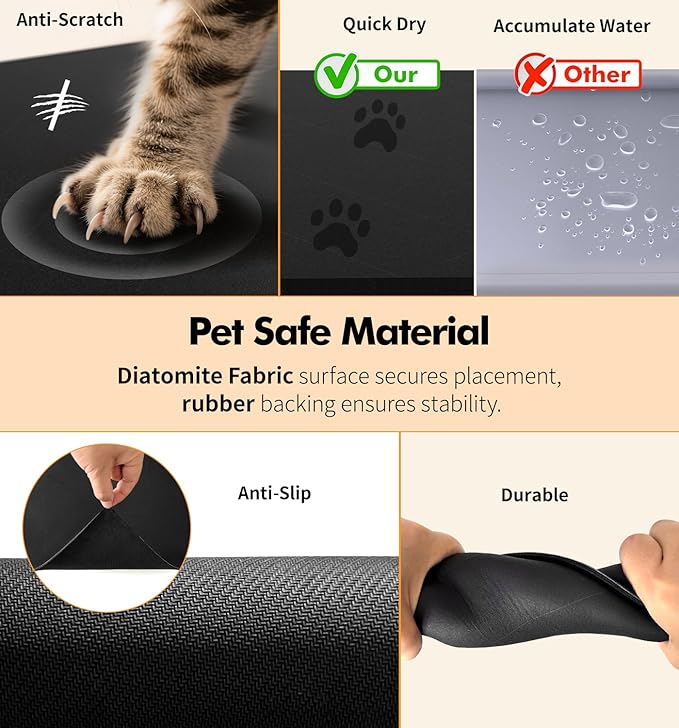 Pet Food Mat Absorbent Cat Food Mat Dog Mat for Food and Water Quick Dry No Stains Dog Feeding Mat Placemat for Messy Drinkers Cat Food Mats for Indoor Cats Bowl Mat Pet Supplies 17"X28" Black
