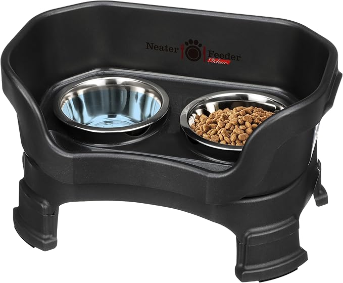 Neater Feeder Deluxe Mess Proof Cat Bowls Elevated for All Breeds – Made in USA – No Spill Raised Cat Bowls for Indoor Cats w/Leg Extensions – Stainless Steel Cat Food and Water Bowl Set - Black
