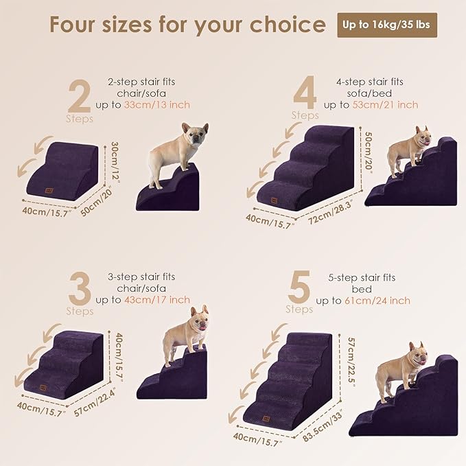 EHEYCIGA Curved Dog Stairs Ramp for Small Dogs 15.7" H, 3-Step Dog Steps for Couch Sofa and Chair, Pet Stairs for Cats, Non-Slip Balanced Pet Steps Indoor, Purple