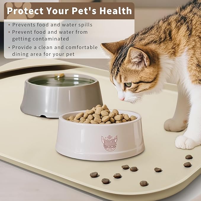 Silicone Pet Food Mat with Raised Edge for Food and Water Bowl, Dog Feeding Mats, Cat Food Trays for Floor Waterproof, Rubber Tray for Dogs and Cats, 22 x 14 x 0.8 Sand White (Yellow Cast)