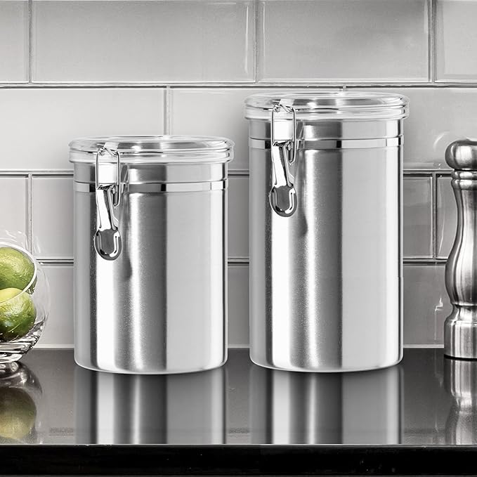 Oggi Stainless Steel Kitchen Canister 62 fl oz - Airtight Clamp Lid, Clear See-Thru Top - Ideal for Kitchen Storage, Food Storage, Pantry Storage. Large Size 5" x 7.5".