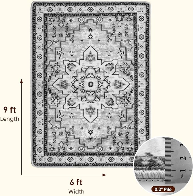 LBRO2M Boho Area Rug 6X9 Washable Rugs for Bedroom Low Piles Indoor Carpet, Non Slip Soft Rug for Living Room, Dining Room, Gray Rug Foldable Pet Friendly Area Rugs Stain Resistant (6'X9' Light Gray)