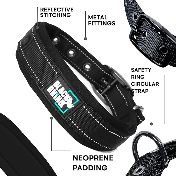 Black Rhino Dog Collar for Medium Dogs - 14-18 Inches Adjustable Reflective Dog Collar with Metal Buckle and Ultra-Soft Neoprene Padding - Heavy Duty Waterproof Collar for Active Pets - Black