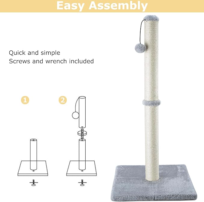 Dimaka 29" Height Tall Cat Scratching Post, Claw Scratcher with Sisal Rope and Covered with Soft Smooth Plush, Vertical Scratch [Full Strectch] for Standard Size Cats(Grey, 29 inches for All Cats)