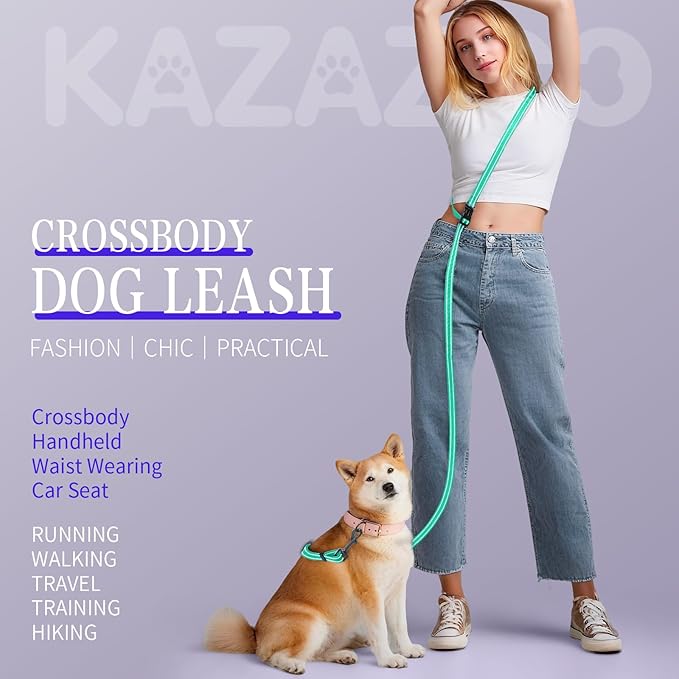 Kazazoo Hands-Free Dog Leash Adjustable Length 5-8 Ft, Waist for Dog Walking, Running for Small &Medium Dogs with Reflective Strips, Ballistic Nylon, Waist Belt, Lightweight Green