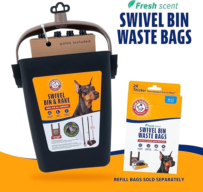 Arm & Hammer Dog Pooper Scooper Swivel Bin & Rake, Poop Scoop for Dogs, Black (2 Heavy Duty Scented Waste Bags Included)