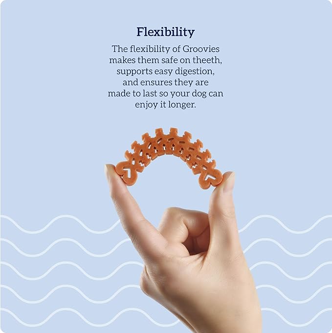 Groovies Slightly Softer, Yet Flexible Dental Chew for Senior Dogs & Delicate Chewers. Powered by USA-Patented DentalFit Tech. No Added Gluten, No Artificial Flavors or Colors. 27oz Large (27Chews)