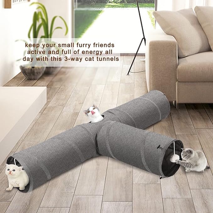 Ownpets Cat Tunnel, 3 Way Collapsible Kitty Tunnel 47 inch Long Cat Tube with Plush Ball & Feather Toy, Cat Play Tunnel for Indoor Cat, Kitten, Rabbit