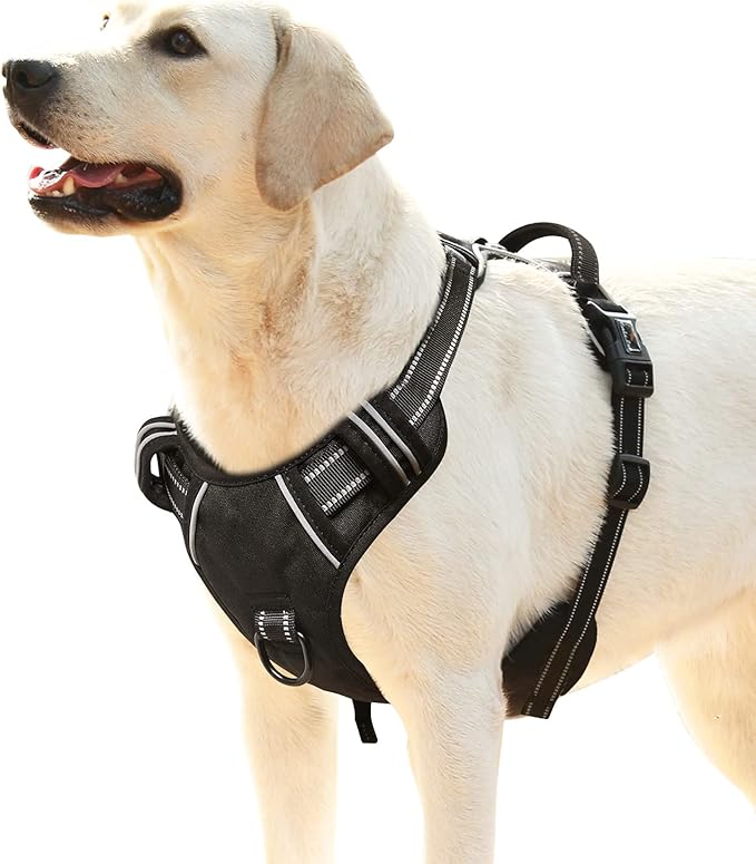 HEELE Dog Harness, No Pull Adjustable Padded Reflective Harness for Small Medium Large Dogs with Handle for Walking Training, Black, XL