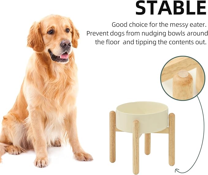 Ceramic 8.2inch Raised Dog Bowl with Stand for Large - Breed Dogs, Pet Food and Water Feeder(Single Bowl with Stand - Beige)