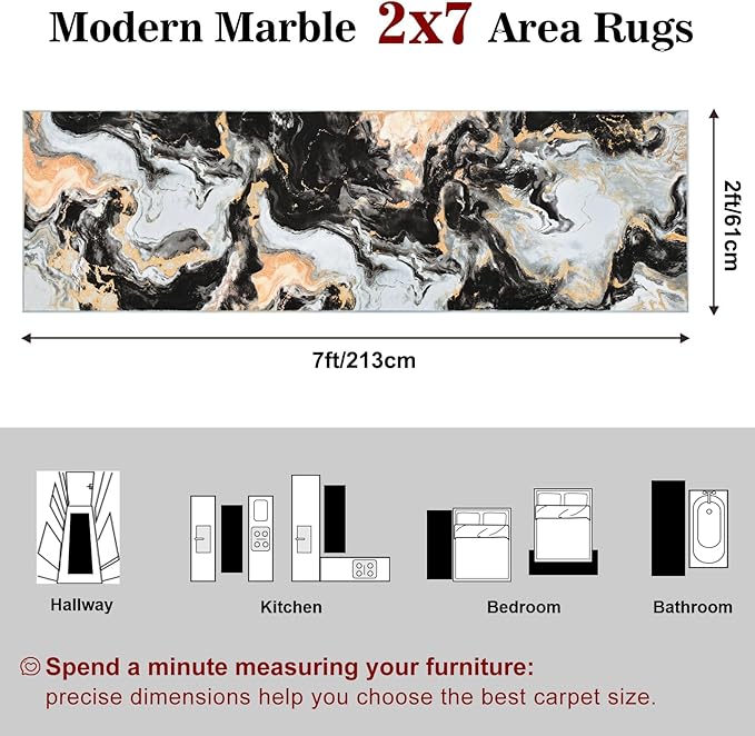 Yinhua 2x7'3 Runner Rug for Hallway, Marble Black and Gold Rugs Non Skid, Washable Kitchen Runner Rug Non Slip, Soft Modern Area Rugs Low Pile, Abstract Carpet for Bathroom Entryway Laundry
