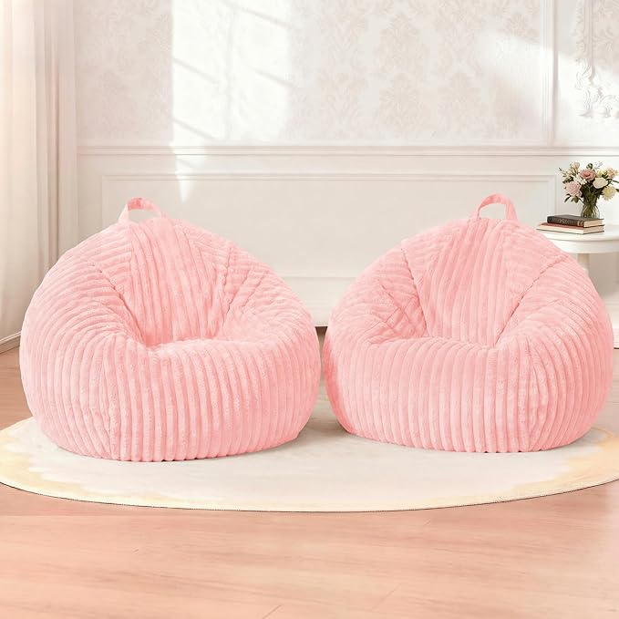 Homguava 2Pcs of 2FT Bean Bag Chair, 2' Small Bean Bags with Memory Foam Filled, Beanbag Chairs with Machine Washable Cover Dutch Corded Plush Cover for Classroom,Living Room,Bedroom-Soft Pink