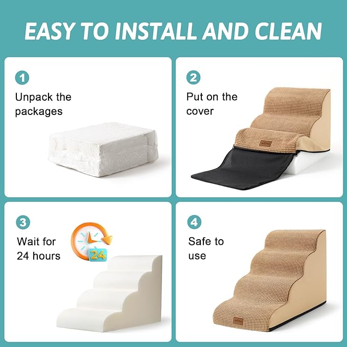 Dog Stairs for Small Dogs, Curved Dog Step for Puppy, Older or Cat, Medium Pet Ramp for Sofa, Couch or Bed, Ladder with High Density Foam, 15.7x28.3x19.7 inch, 4 Step, Light Brown