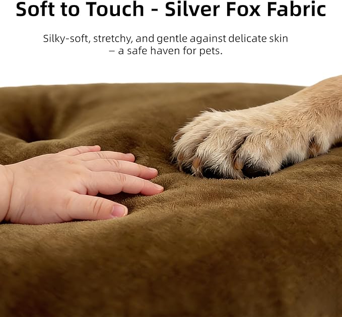 Durable & Washable Dog Bed for Small Medium Dogs & Cats, Plush Faux Silver Fox Fur Oval Bed with Non-Slip Bottom & Supportive Pad, 29”x18” Brown