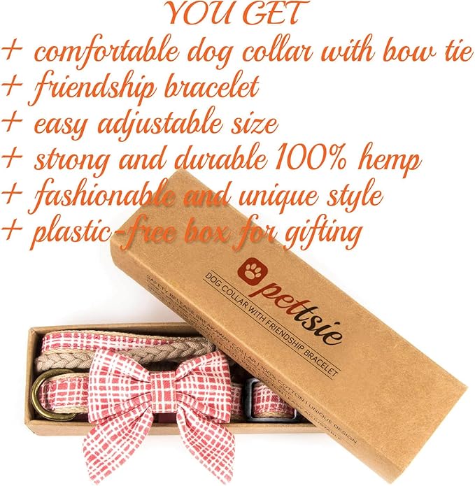 Pettsie Dog Bow Tie Collar with Matching Friendship Bracelet – Adjustable, Durable Hemp & Soft Cotton, Stylish & Comfortable for Sensitive Skin, Elegant Gift Box, Small, Pink