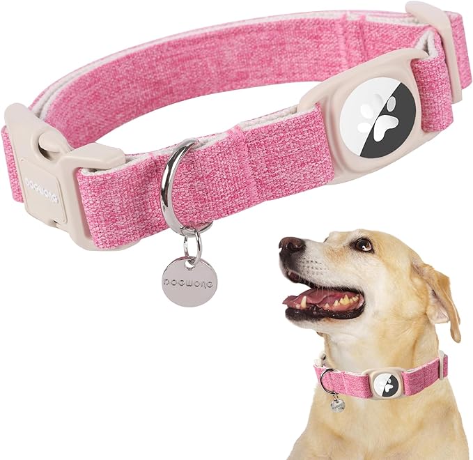 DOGWONG Airtag Cotton Hemp Dog Collar, Heavy-Duty Dog Collar with Airtag Holder Pink Natural Fabric Pet Collars for Small Medium Large Dogs